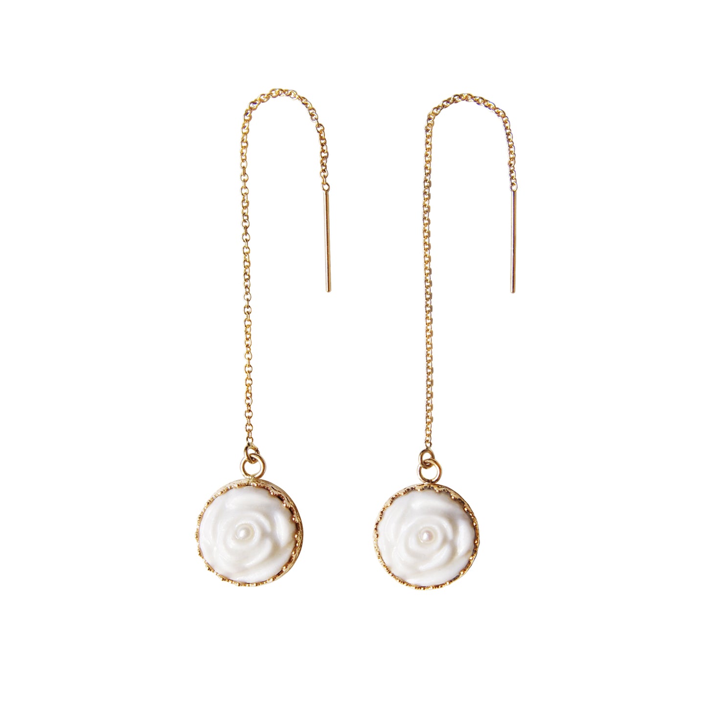 Porcelain Rose With Pearl Gold-Filled Chain Earrings