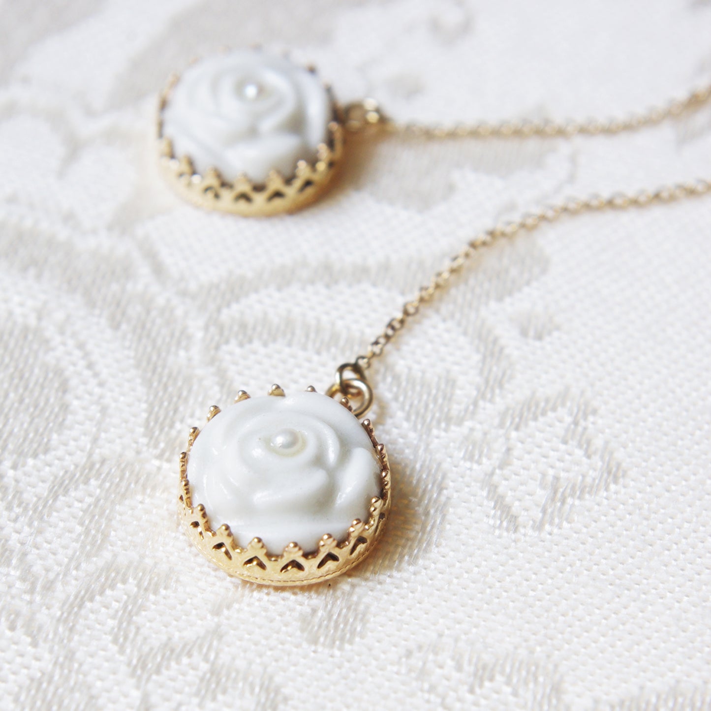 Porcelain Rose With Pearl Gold-Filled Chain Earrings