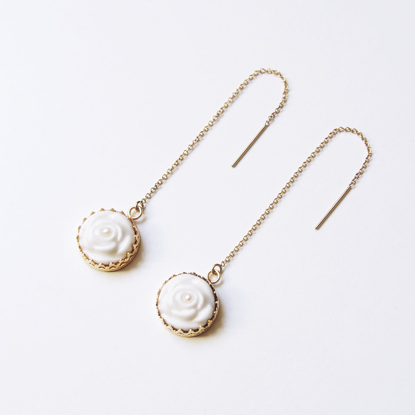 Porcelain Rose With Pearl Gold-Filled Chain Earrings