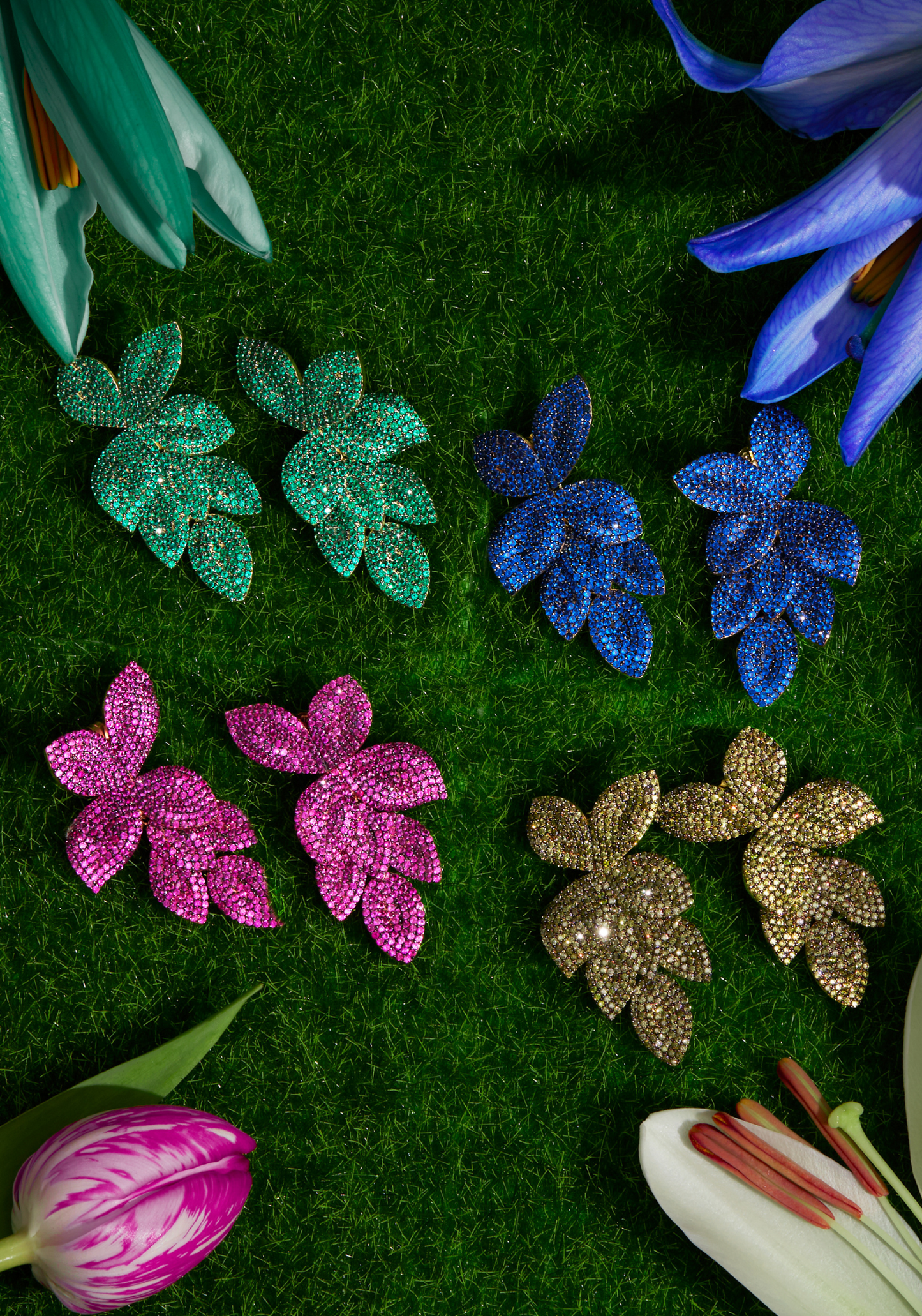 Petal Cascading Flower Earrings Gold Sapphire Cz